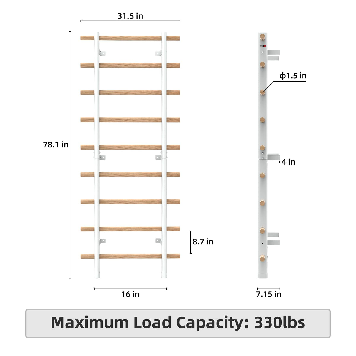 DHT Swedish Ladder Wall Gym, Wood Stall Bar, Suspension Trainer with 9 Strategic Rods, Indoor Jungle Gym for Kids and Adult, Wall Bars for Home, School, Physical Therapy and Gymnastics, White