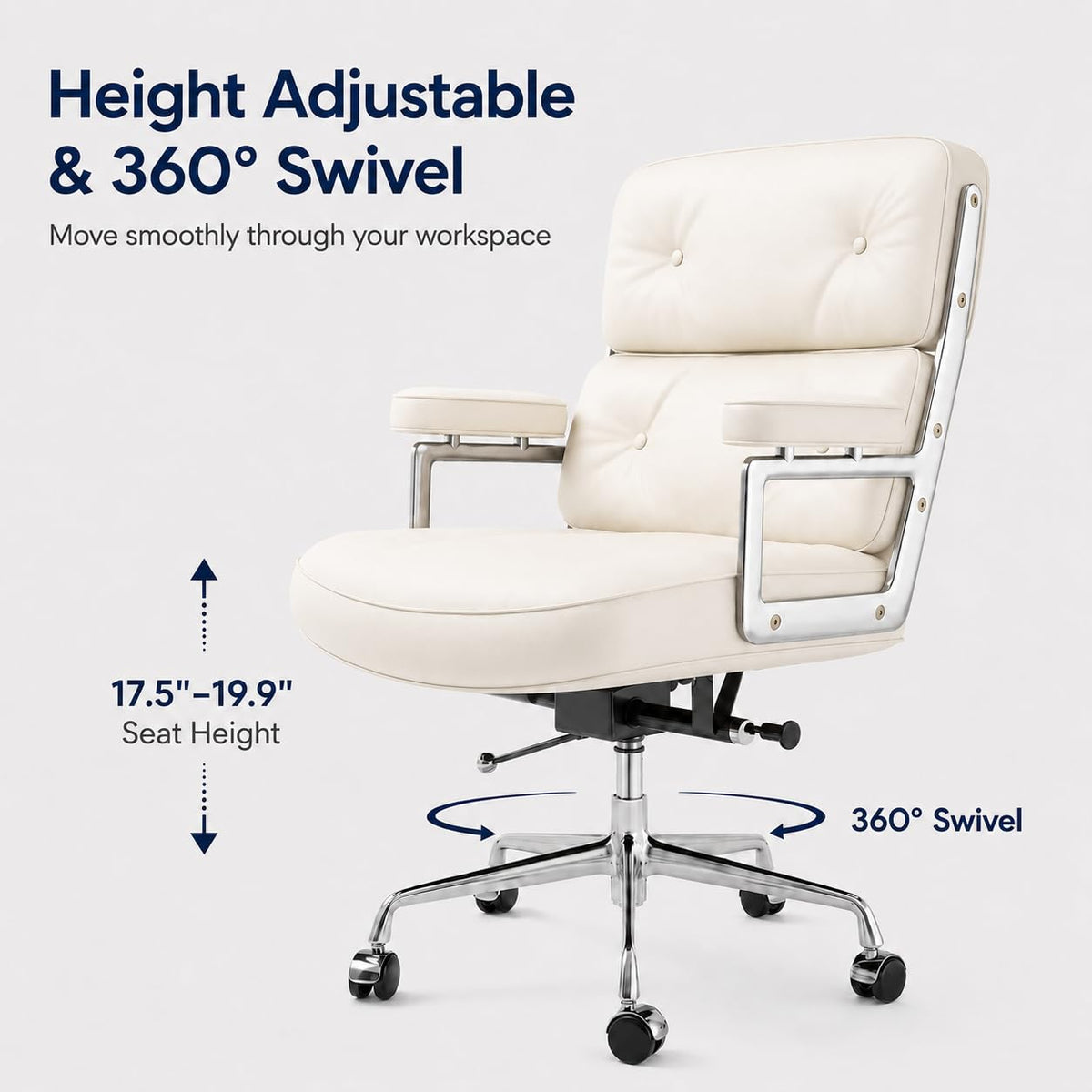 OTDMEL Home Office Chair with Top Grain Leather, Padded Armrests, Mid-Back Upholstered Executive Leather Desk Chair, Aluminum Frame, Adjustable Height, 360 Swivel, Rolling Wheels, 350lbs Capacity