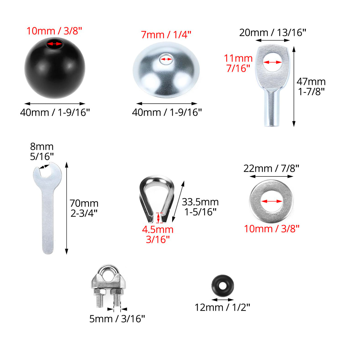 QWORK Gym Machine Cable Accessories Set - 5mm Cable Ball Stopper, Bowl-Shape Plate, Eyelet Terminal, Wire Rope Clamp, and Thimble
