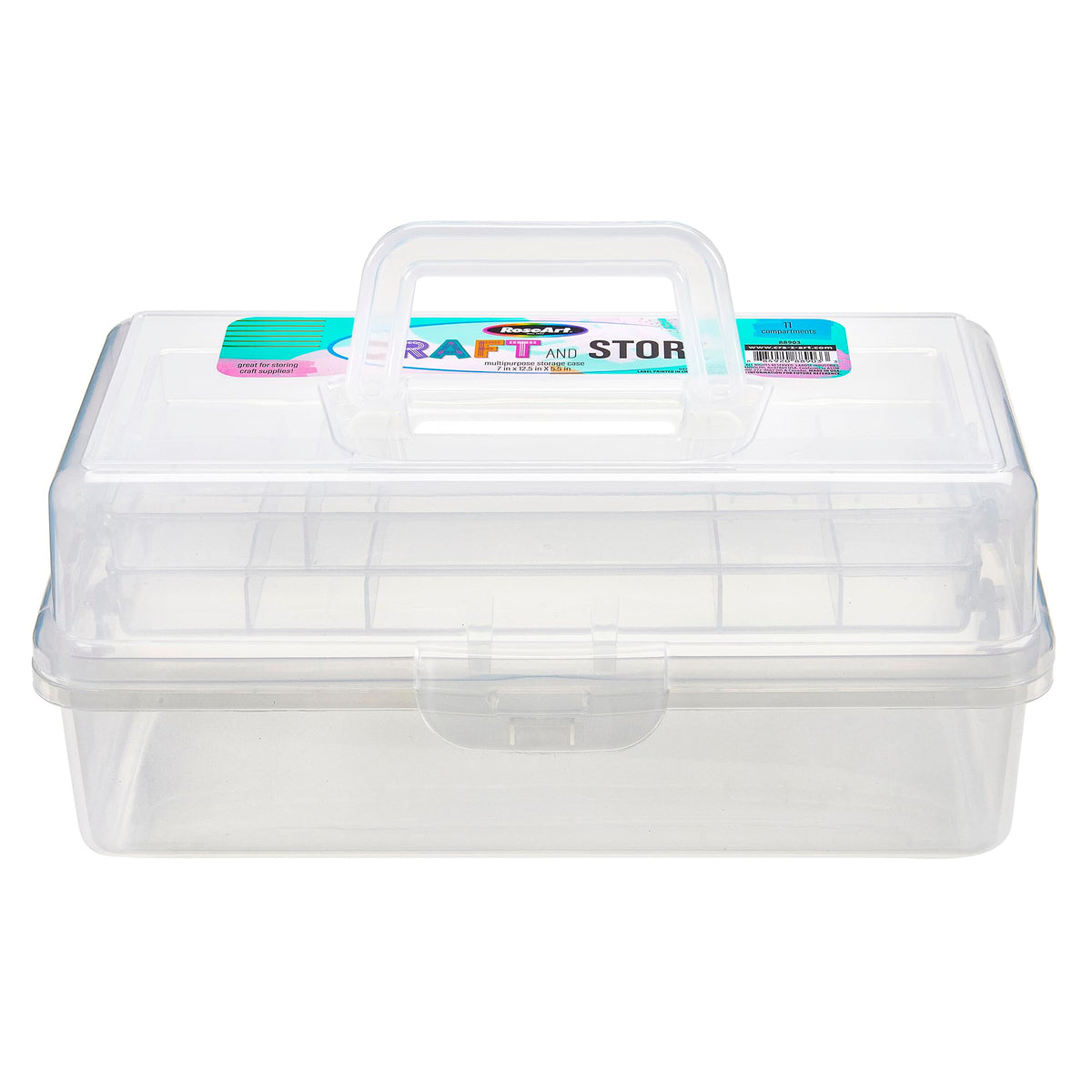 RoseArt Multi-Layer Plastic Dividing Craft Storage Box - Portable Handled Art Supply Organizer, Utility, Tool, Medicine, Craft Box Clear - Made in U.S.A