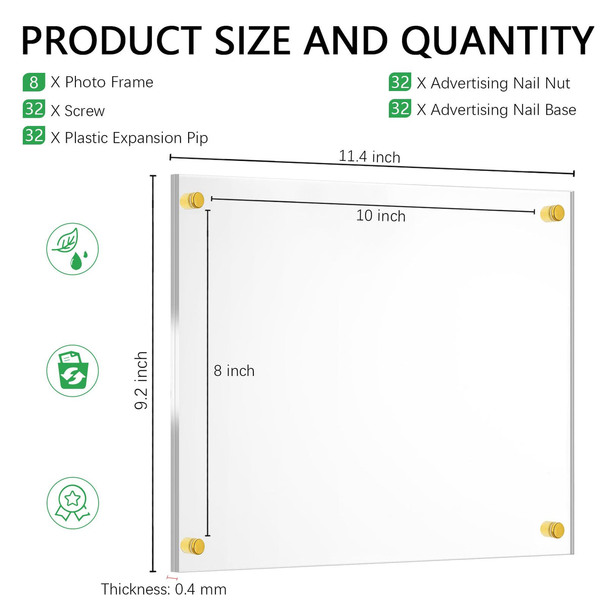 Sintuff 8 Pack Acrylic Floating Picture Frame Wall Mount Frameless Photo Frames Double Panel Clear for Office Home Photography Display (for 8" X 10" Picture,Full Frame 9.2" X 11.4",Gold)