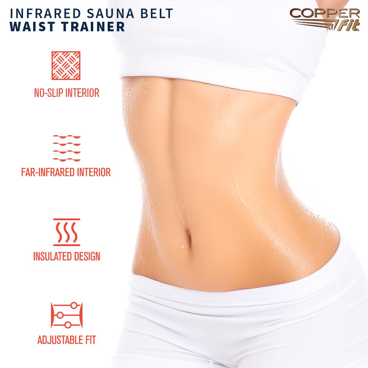Copper Fit Infrared Sauna Belt – Waist Trainer for Men & Women – Increases Sweat & Supports Core – Adjustable Compression – Copper-Infused (Black, LXL)