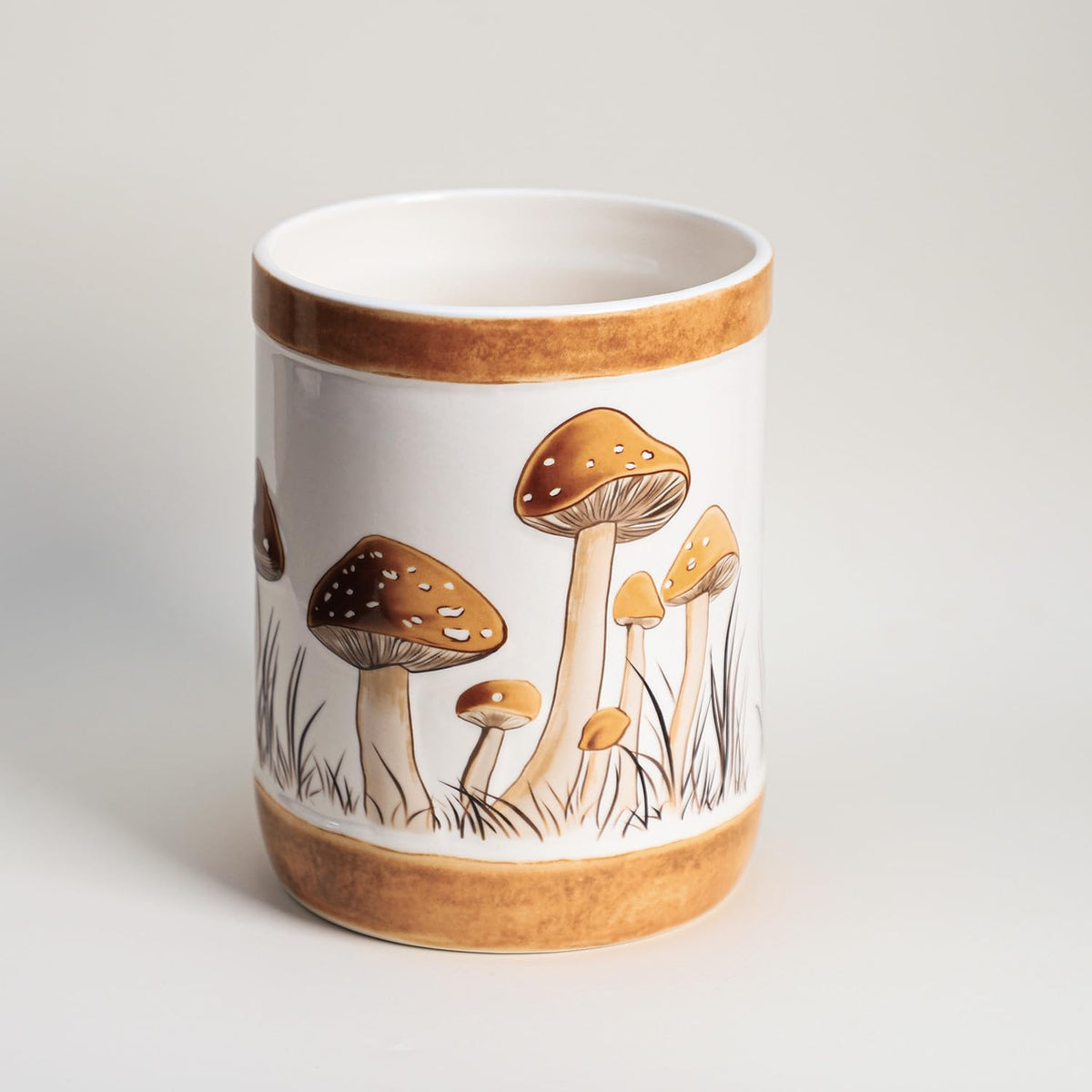 Bicuzat Brown Ceramic Mushroom Pattern Kitchen Utensil Holder, Large Cooking Utensil Crocks for Kitchen Countertop, Ceramic Utensil Organizer