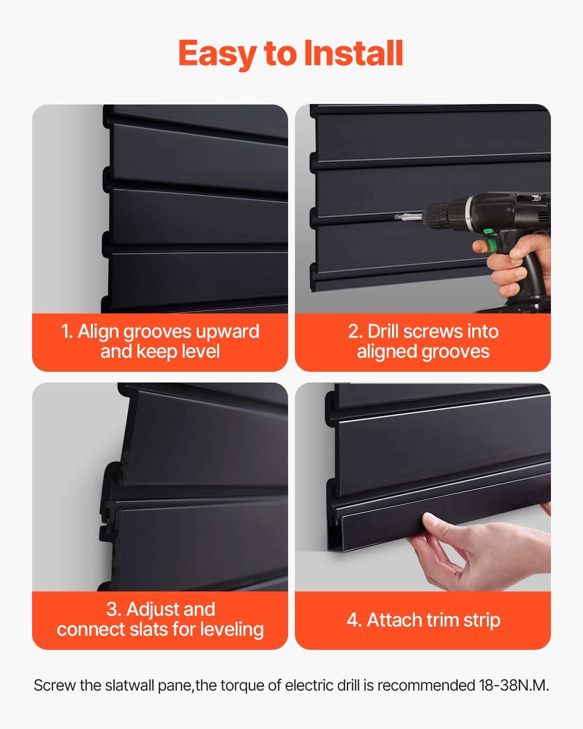 VEVOR Slat Wall Paneling, 8 x 4 ft, PVC Garage Slatwall without Accessories, Black Slat Wall Easy-to-Install Adjustable Slatwall Panel with Coupling Structure & DIY Cutting, Fits for Storage & Display