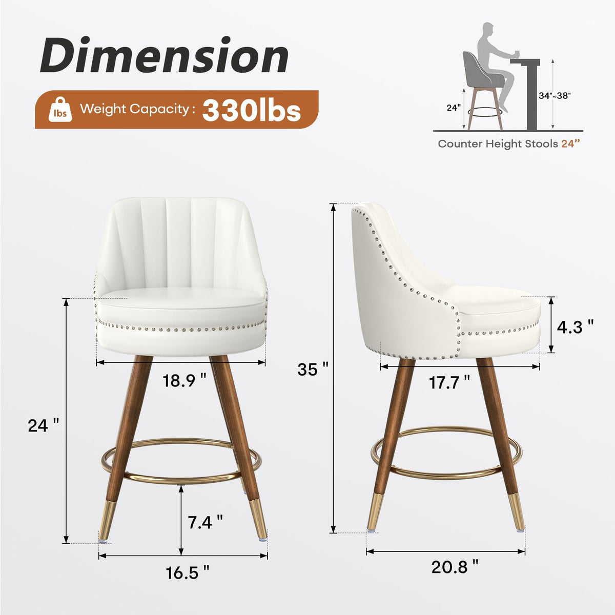 Sucrever Counter Height Bar Stools Set of 4, 24" Leather White Bar Stools with Backs, Swivel Counter Stools with Wooden Legs for Kitchen, Dining Room, Bar, Cream White