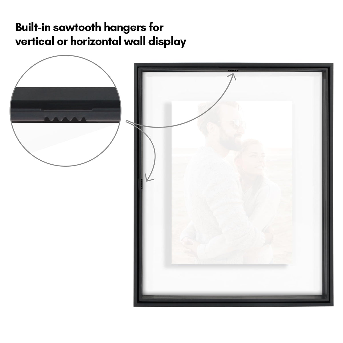 Americanflat Aluminum 8x10 Floating Picture Frame with Shatter-Resistant Glass - Set of 2 - Use as 5x7 Picture Frame or Display 8x10 Photo - Signature Float Collection - Photo Frames for Wall - Black