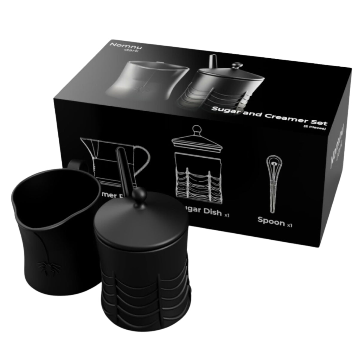 New - Nomnu Black Spiderweb Sugar and Creamer Set. Ceramic Sugar Bowl with Lid and Spoon, and Creamer Pitcher. Gothic Decor, Perfect for Goth Lovers, Includes Spider-Embossed Design