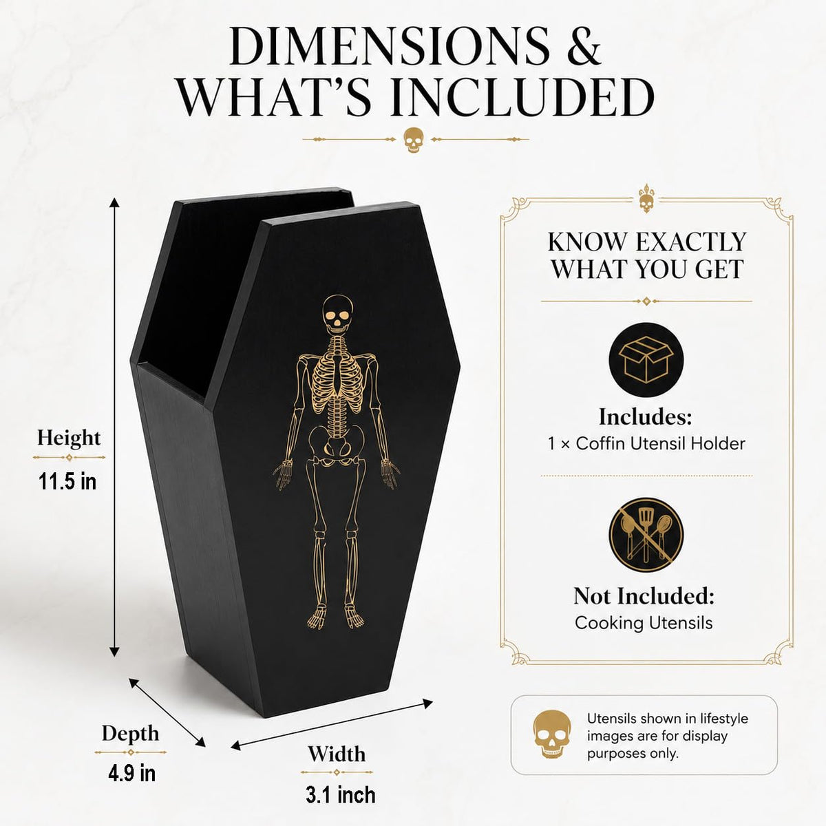 TOSOENPHY Halloween Gothic Kitchen Decor - Goth Coffin Utensil Holder (Utensils Not Included), Dual-Sided Laser-Etched Skeleton, Solid Wood Large Capacity for Spooky Bats Spoons Skull Spatulas