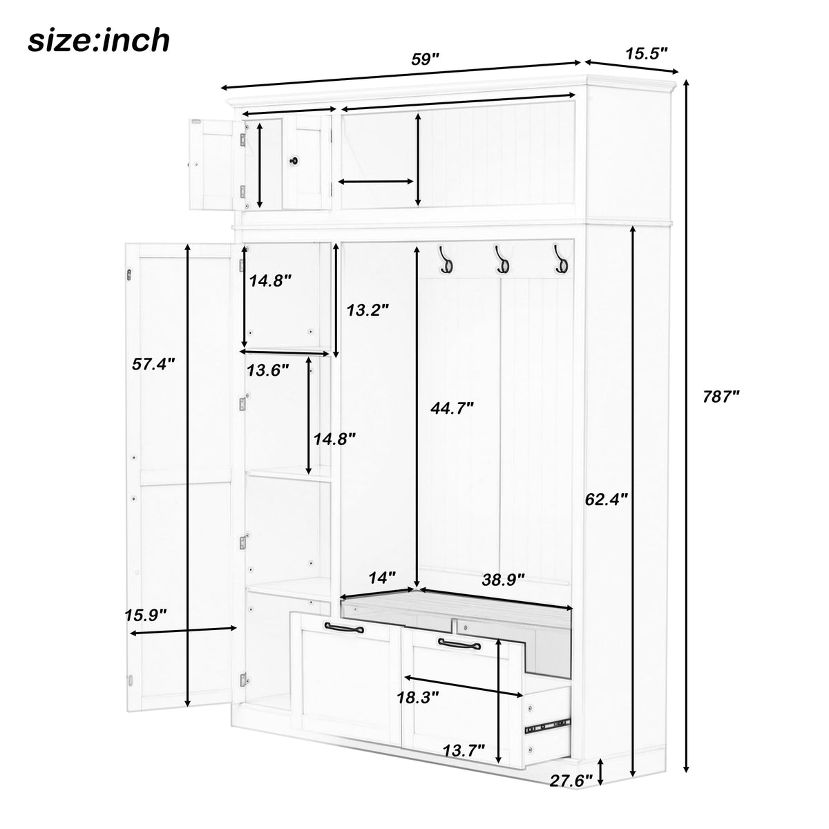 Merax 3-in-1 Hall Tree with Overhead Storage Cabinet, Adjustable Side Shelves,4 Hooks,2 Spacious Drawers,Grooved Back Panel Design, Contrasting Seat Bench,Multifunctional Entryway Organizer, White