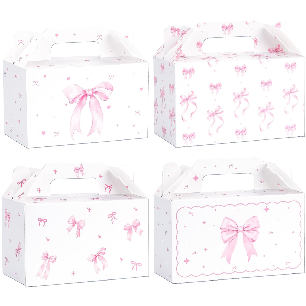 48 Count Pink Bow Treat Boxes Party Favors - 6x3.5x2.9 Inch Goodie Gift Boxes, Cute Bow Themed Candy Dessert Boxes for Birthday, Bridal & Baby Shower, Bachelorette, Engagement Party Supplies,4 Assorted Designs