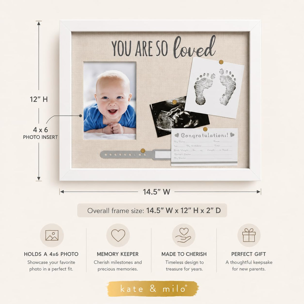 Kate & Milo You Are So Loved Collage Frame, Newborn Keepsake Box, Baby Memento, Nursery Decor, Handprint and Footprint Ink Pad Included, Linen Mat, White