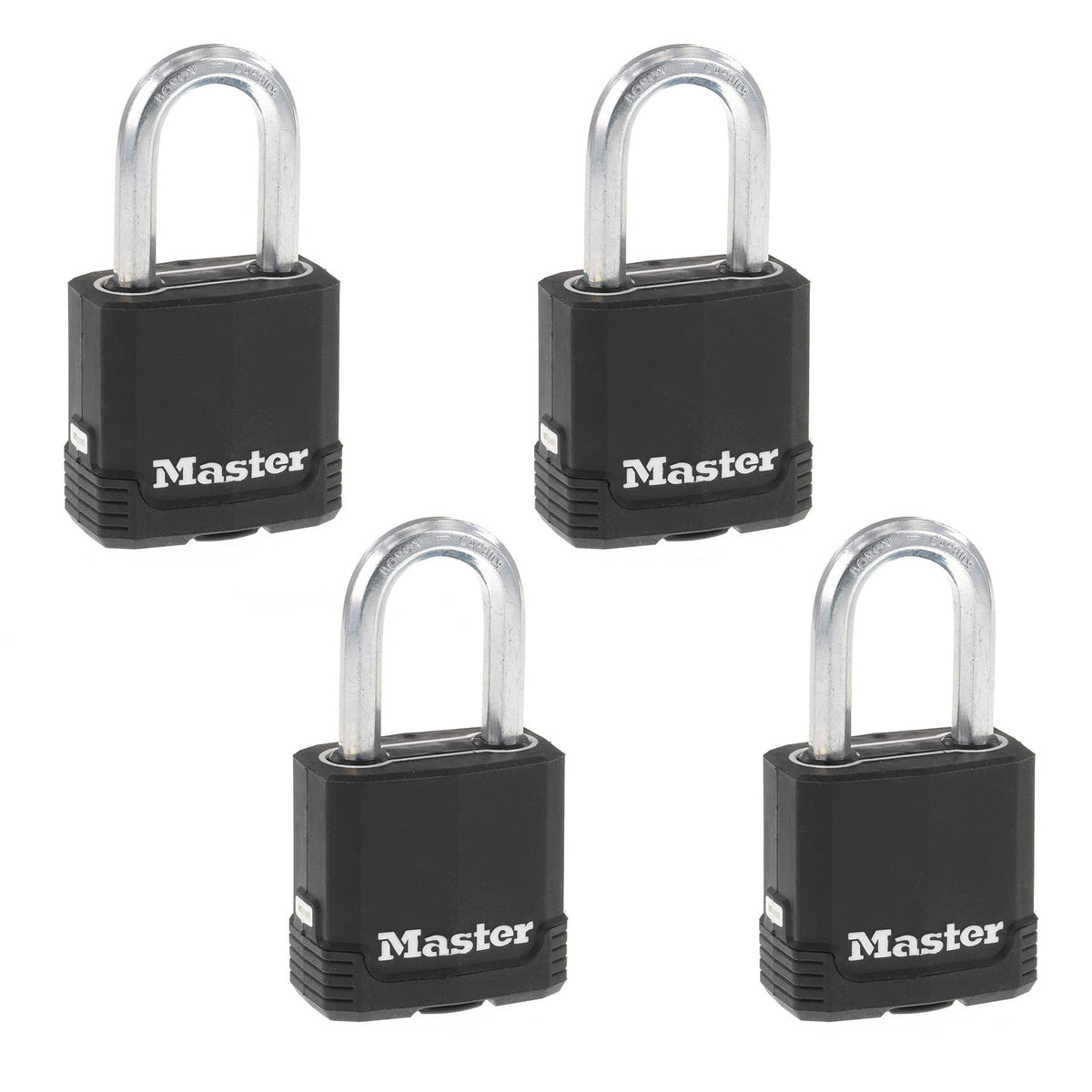 Master Lock Black Key Lock, Heavy Duty Weather Resistant Padlock with Cover, Keyed Alike Padlocks for Outdoor Use, 4 Pack, M115XQLF