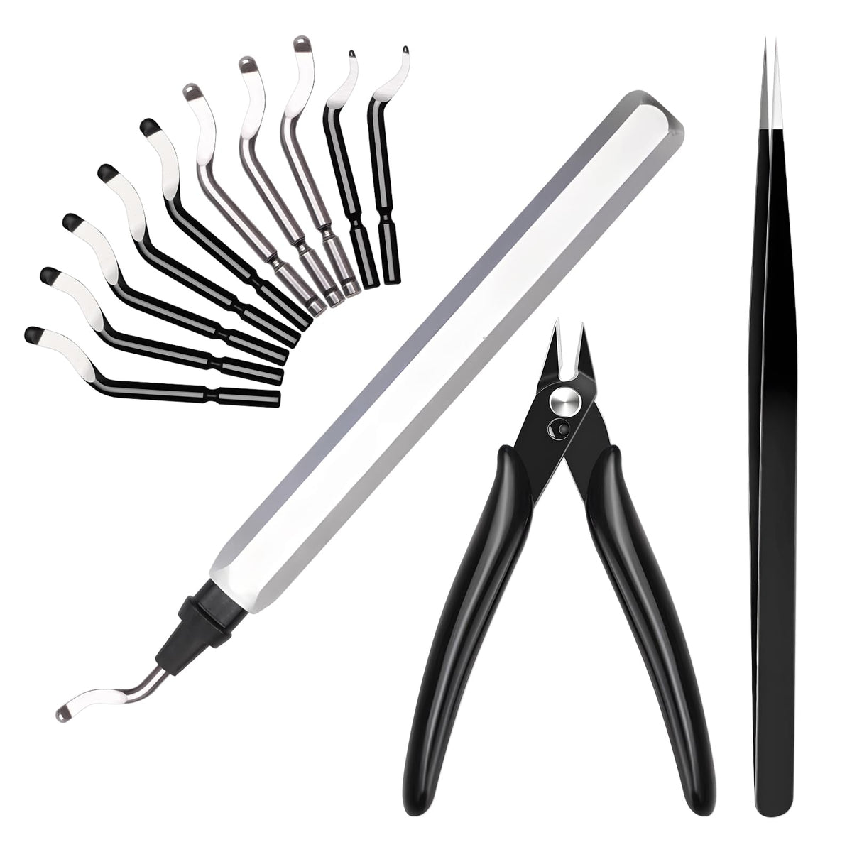 13pcs Deburring Tool with 10 High Speed Steel Blades, Deburring Tool 3D Printing with Micro Cutter Tweezers Deburrin Tool Set for Resin Plastic Metal