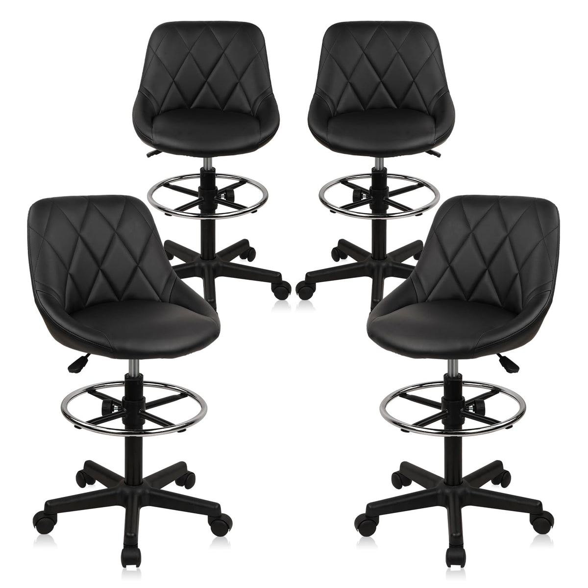 KLASIKA Drafting Chair with Backrest and Wheels, Adjustable Footrest Height Rolling Stool, PU Leather Tall Swivel Chairs Work Shop Office Desk Stools for Kitchen Home Bar, Black, 4 Pack