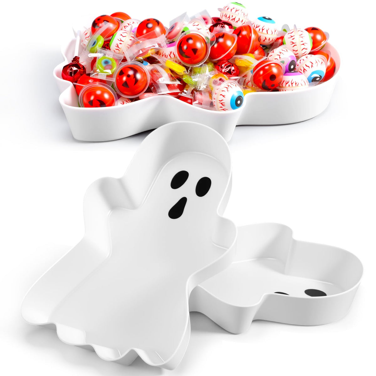 Wiwiqing 2 Pcs Halloween Ghost Candy Bowl Ghost Shaped Serving Tray Plates Plastic Spooky Dessert Platter Dish for Halloween Trick or Treat Party Food Storage Charcuterie Board Serving Supplies