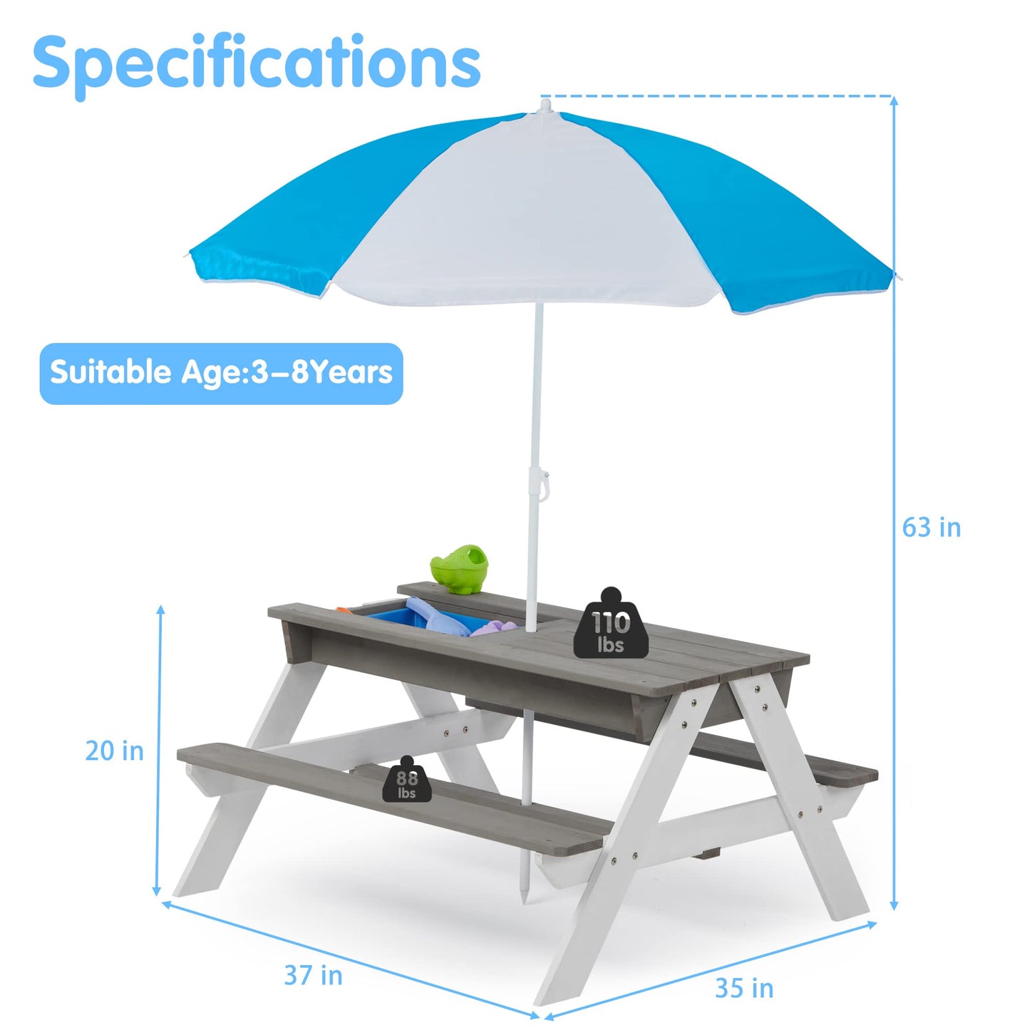 WEALTHGIRL 3-in-1 Kids Outdoor Wooden Picnic Table with Adjustable 43" Umbrella, Convertible Sand & Water Activity Center, Solid Cedar Wood Construction, Spacious Seating for Four