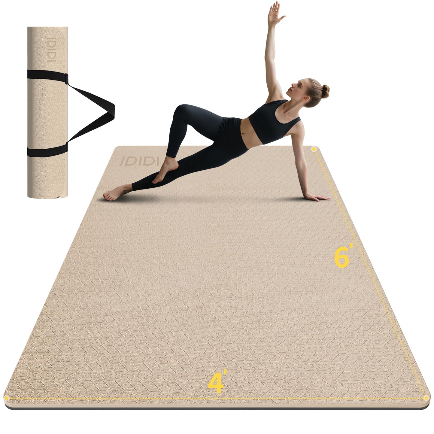 8mm Large Yoga Mat (6'x 4') - Extra Long and Wide 72 x 48 x 0.32 inches, Non-Slip POE Fitness Mat, Eco-Friendly, Thick Wide Exercise Mat for Home Workouts,Ideal for Yoga and Pilates. (Beige+Black)