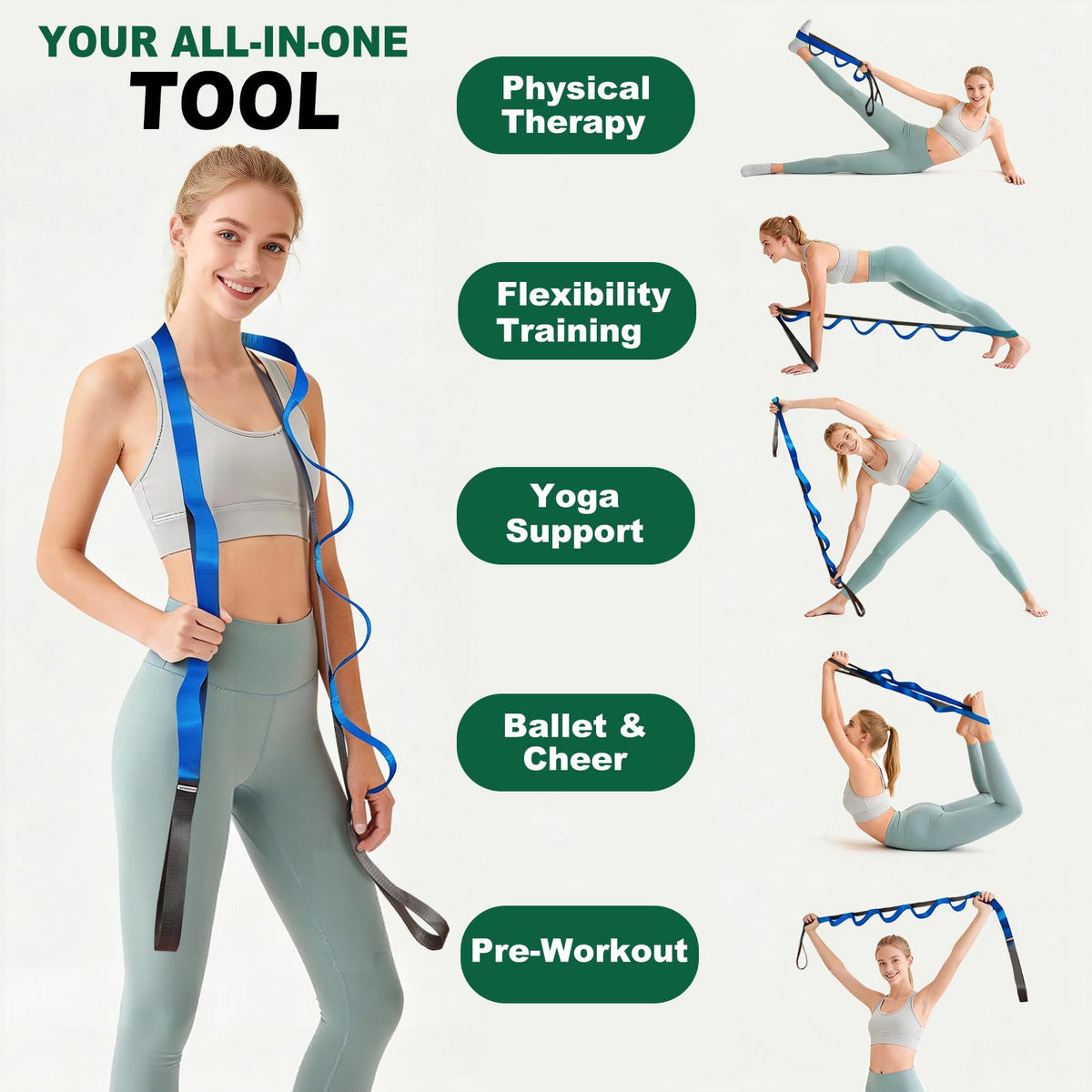 Acozycoo Stretching Strap with 10 Loops – Non-Elastic Yoga Strap for Physical Therapy, Knee Replacement Recovery & Plantar Fasciitis – Leg Stretcher Band for Flexibility & Hamstring Rehab（Blue)