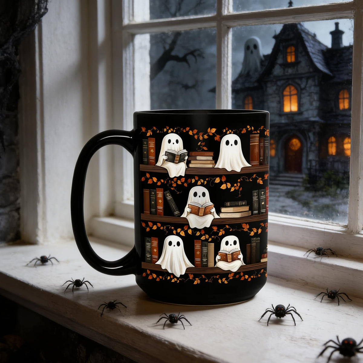 BORULEEY Halloween Cute Ghost Reading Coffee Mug, 15 oz Black Ceramic Tea Cup, Spooky Book Mug for Book Lovers & Readers, Novelty Fun Festive Bookish Gift for Women, Friends & Coworkers