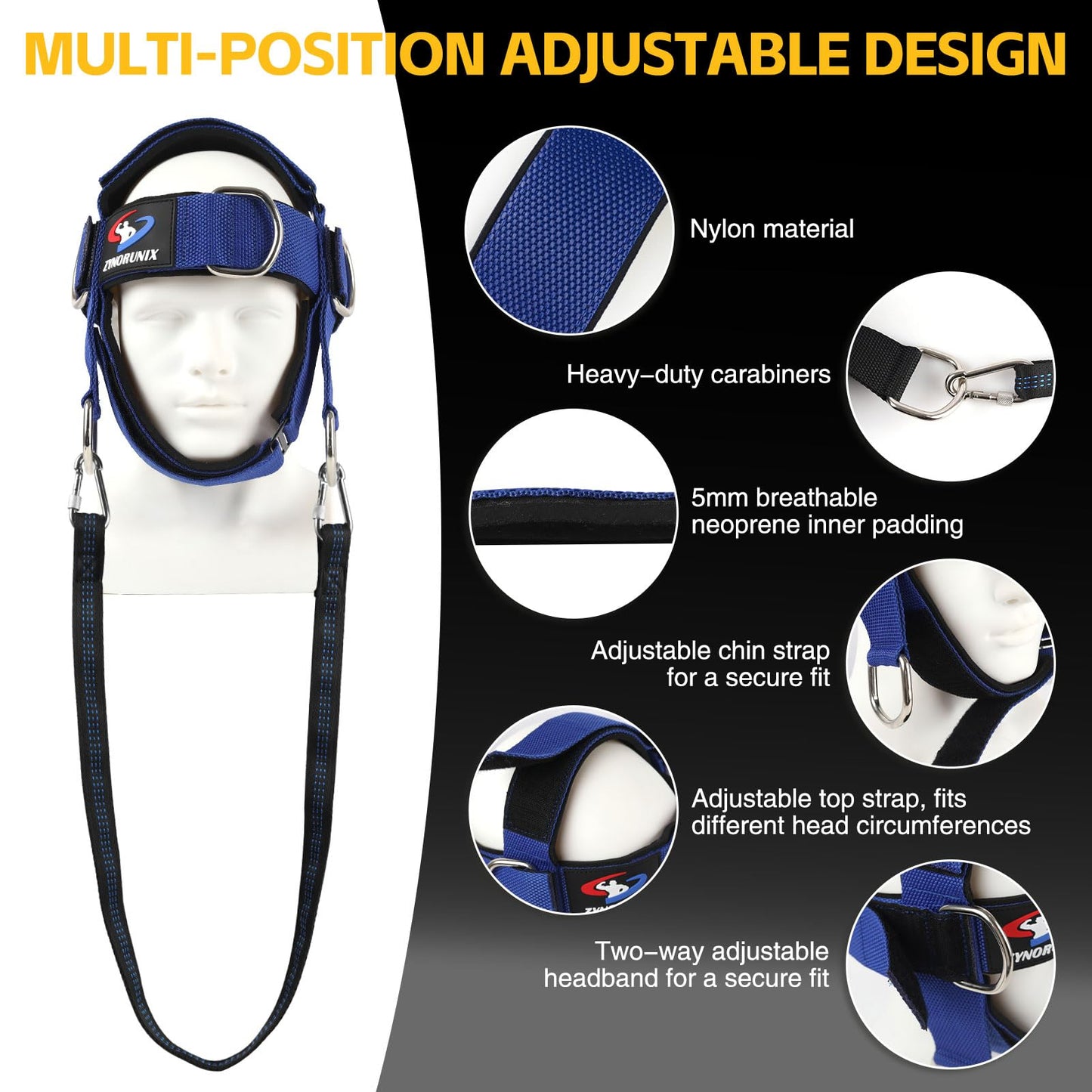 Fitness Neck Head Harness Trainer, Adjustable Chin Strap and Head Harness Strength with Nylon Tether, Neoprene Neck Workout Exerciser for Weight Lifting, Home and Gym Use, Blue