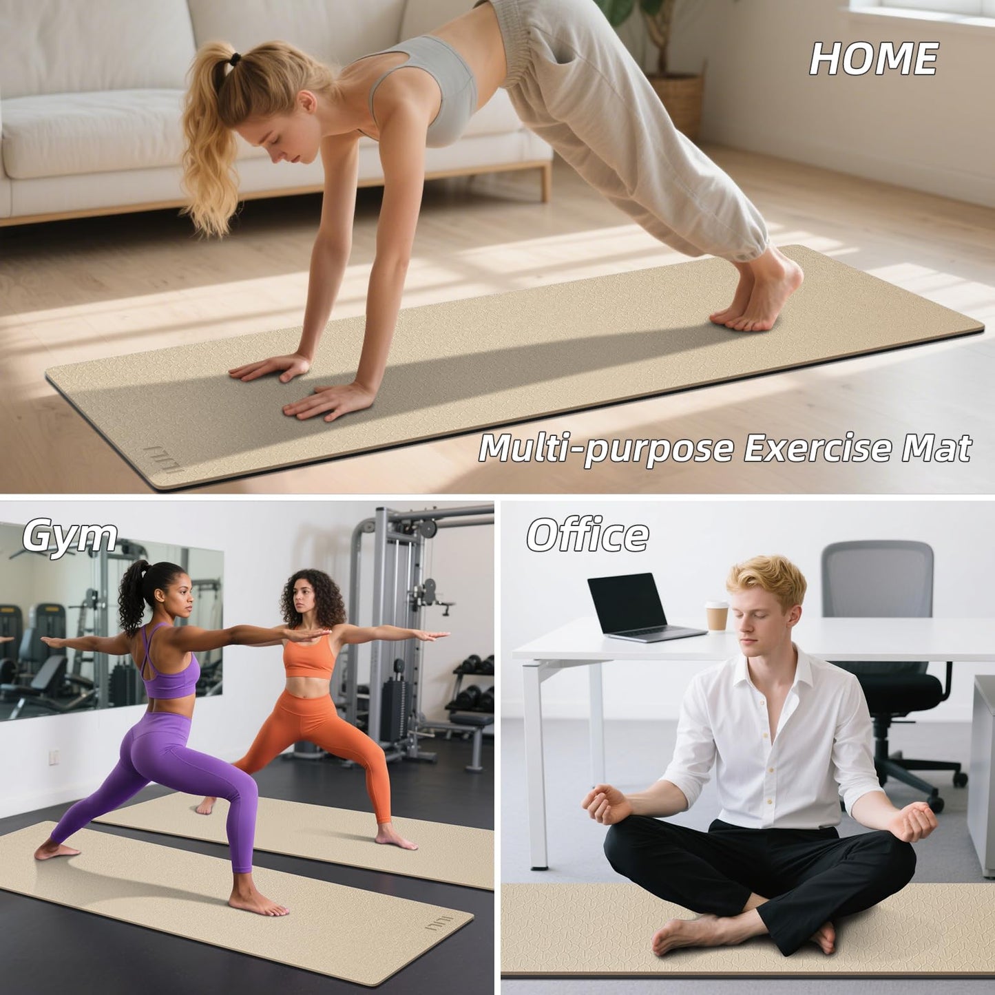 ILILI Yoga Mat 10mm Extra Thick and Extra Long, 76x28×0.4 Inch, Double Color Non-Slip TPE Material, Easy Carrying with Strap, Ideal for Yoga, Pilates, Floor Exercise, Home and Outdoor Use, Eco Friendly (Beige+Black)