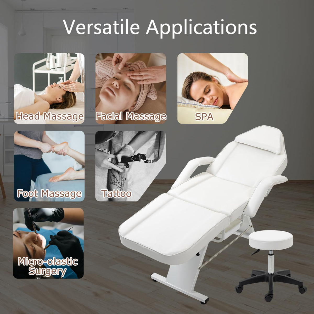 Massage Salon Tattoo Chair with Two Trays Esthetician Bed Hydraulic Stool Metal White Multi-Purpose 3-Section Facial Table Spa Beauty Equipment