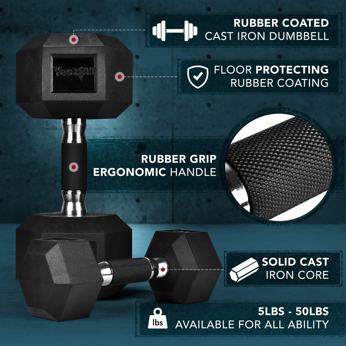 Yes4All Hex Dumbbell Rubber Grip - Premium heavy weight Dumbbell - 10lbs