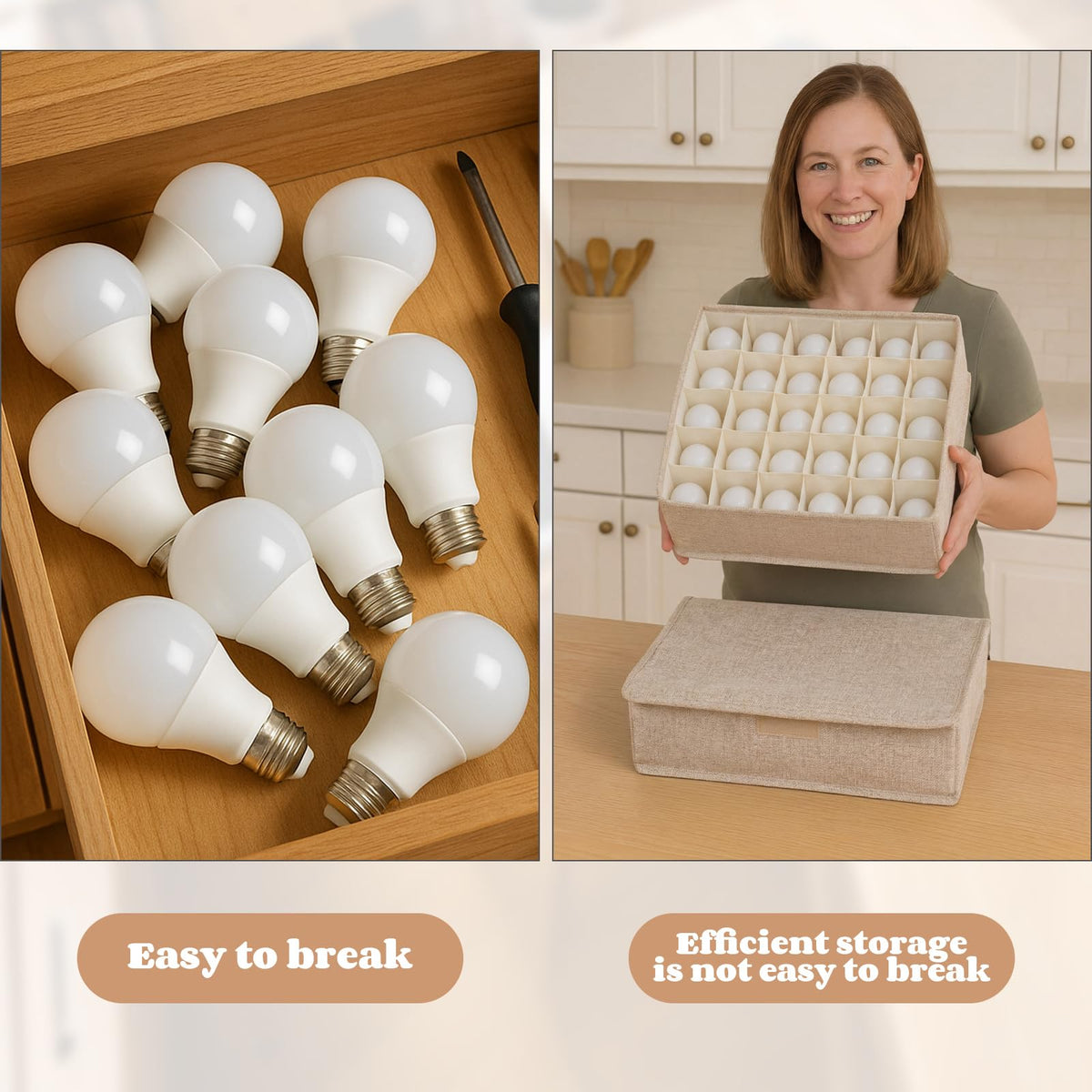 Acellegic 2 Pcs Light Bulb Organizer Storage Box Ornament Storage with 30 Dividers Foldable Bulbs Organizer with Lid Sturdy PP Board Fits Various Standard Dustproof Fabric Case for Home Vbs (Beige)
