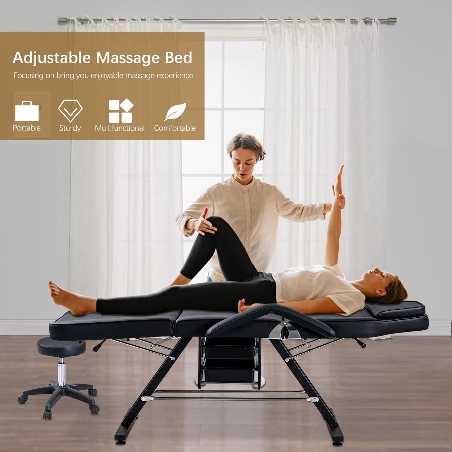 Massage Salon Tattoo Chair with Two Trays Esthetician Bed with Hydraulic Stool,Multi-Purpose 3-Section Facial Bed Table, Adjustable Beauty Barber Spa Beauty Equipment, Black