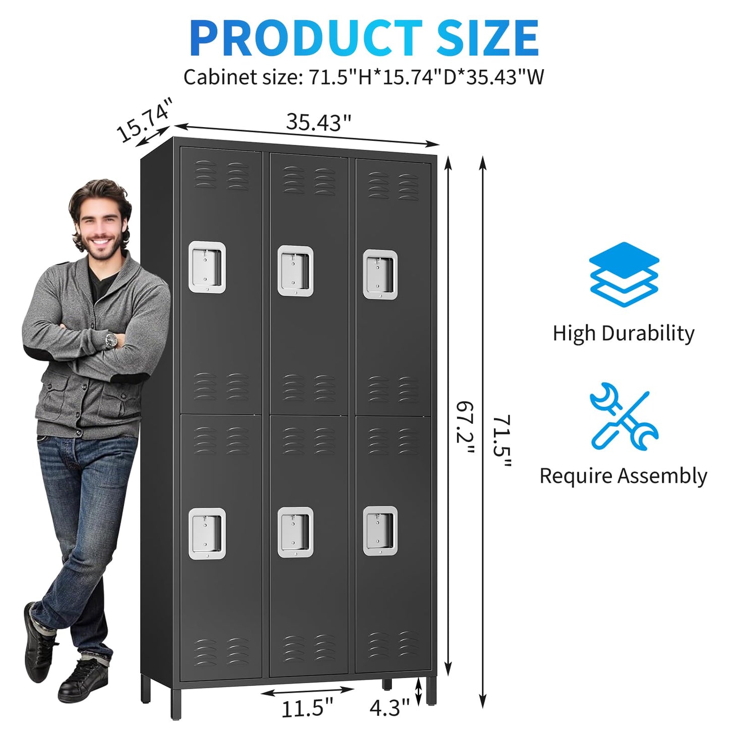 BouPower 72" Tall Metal Lockers for Employees with 12 Hooks and 9 Shelves, 6 Doors Office Storage Cabinet for Home, School, Gym, Office, Black