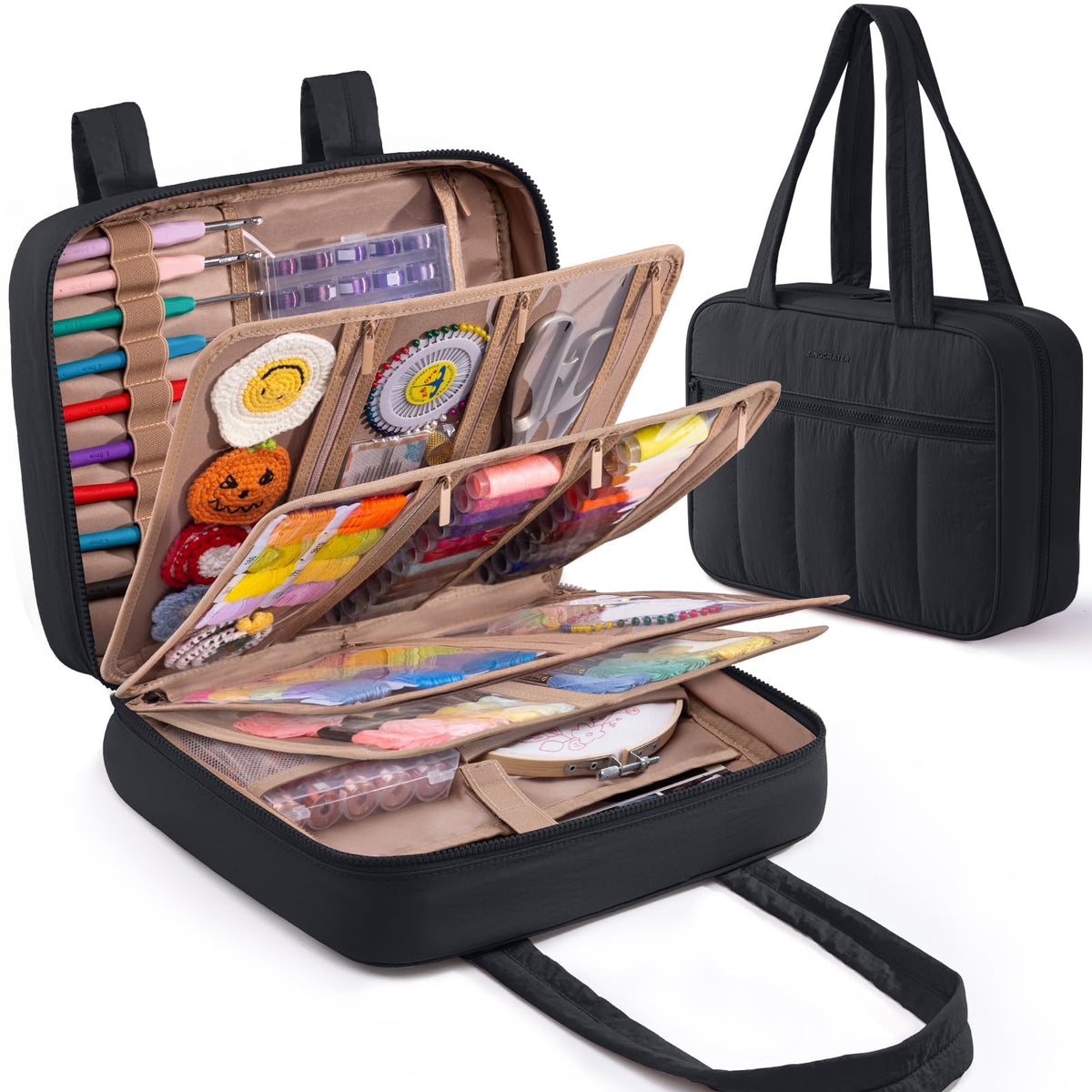 AMOIGEE Sewing Supplies Organizer Bag, Large Craft Storage Tote with 17 Clear Pockets&Tool Holders, Portable Crochet Knitting Embroidery Organizer Case for Threads, Hooks, Needles & Sewing Accessories
