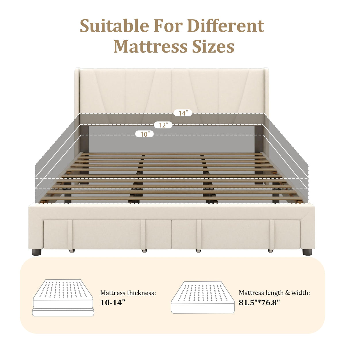 viplov King Bed Frame with Storage Drawers, Velvet Upholstered Platform Bed with 47" Tall Headboard and Wingboard, No Box Spring Needed, No Noise, Easy Assembly, Wooden Support Slats, Beige