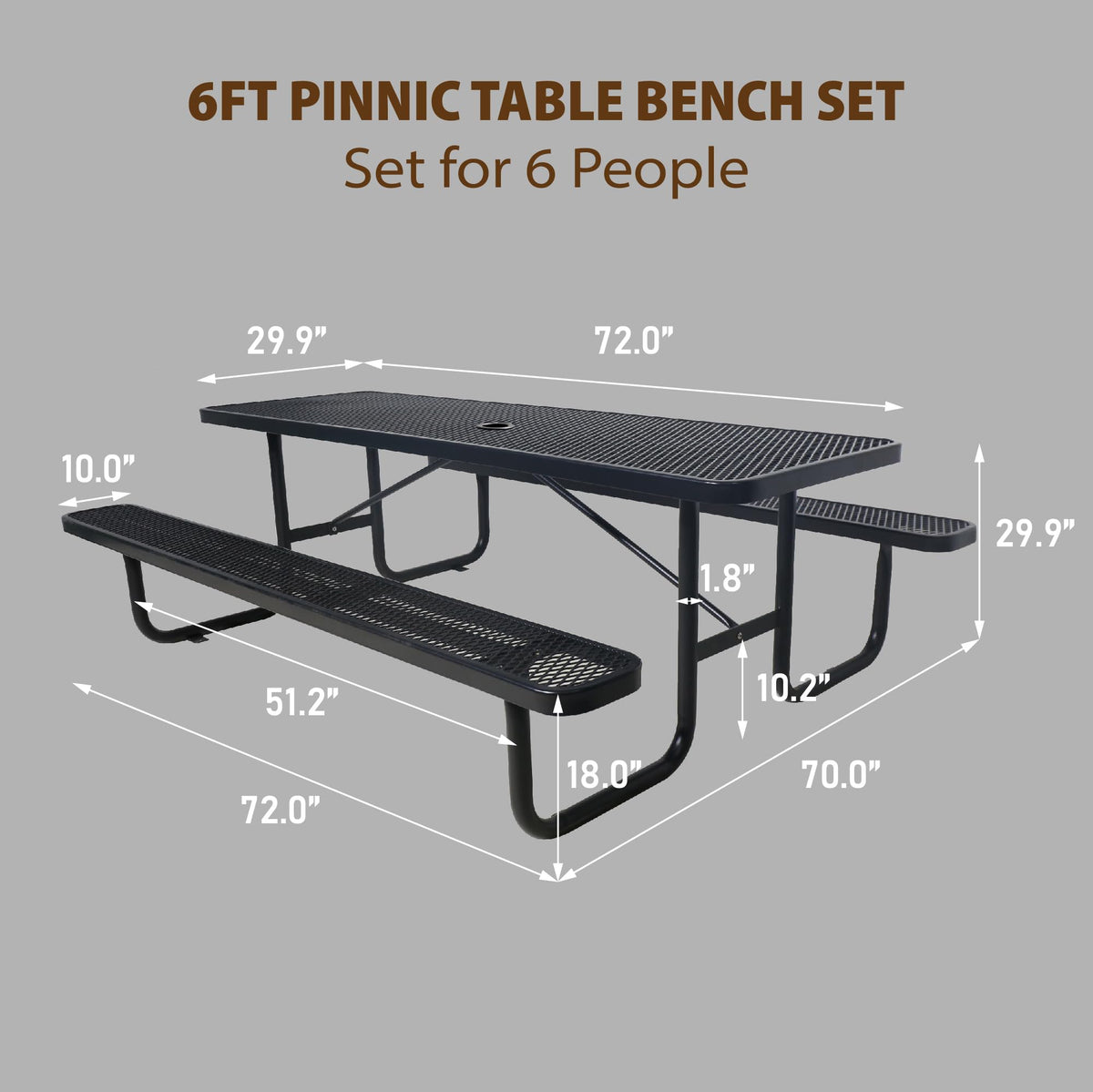 Sunnibety 6FT Metal Picnic Tables for Outdoors, Commercial Rectangular Picnic Table and Bench Set for Outside, Patio, Garden, Backyard, Porch, Surface Mount, Black