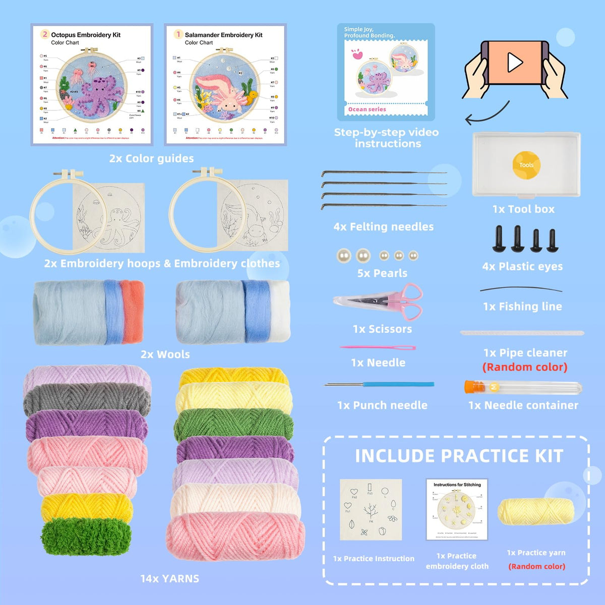 Punch Needle Kits Adults Beginner,Punch Needle kit for Beginners, Embroidery kit for Beginners,Includes All Tools and Materials,Easy to Follow Instructions and Videos-(Axolotl+Octopus)