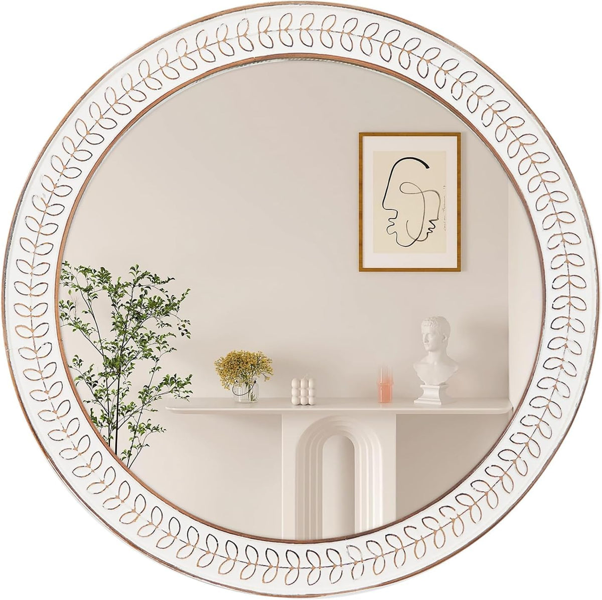 fuxuiwy 24 inch Round Rustic Wooden Mirrors, Distressed Circle Mirror for Bathroom, Bedroom, Living Room, Entryway, Fireplace, Hall