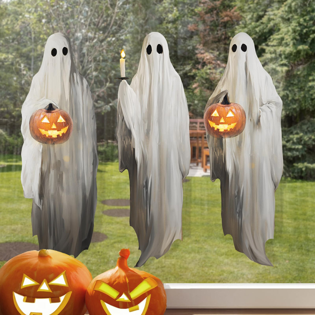Halloween Decorations Window Clings Decor, 3pcs Extra Large Scary White Ghosts with Pumpkin Lantern Halloween Window Decals Indoor, Creppy School Home Office Party Supplies for Glass Windows, 3 Sheets