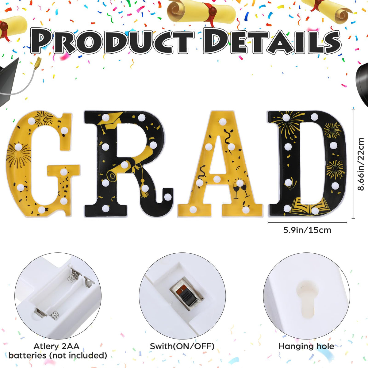 Wettal 2026 Grad Light up Letters for Table, Graduation Party Decorations LED Marquee Grad Letter Lights Sign 8.7 Inches Black and Gold Graduation Centerpieces Ornaments, Batteries Not Included