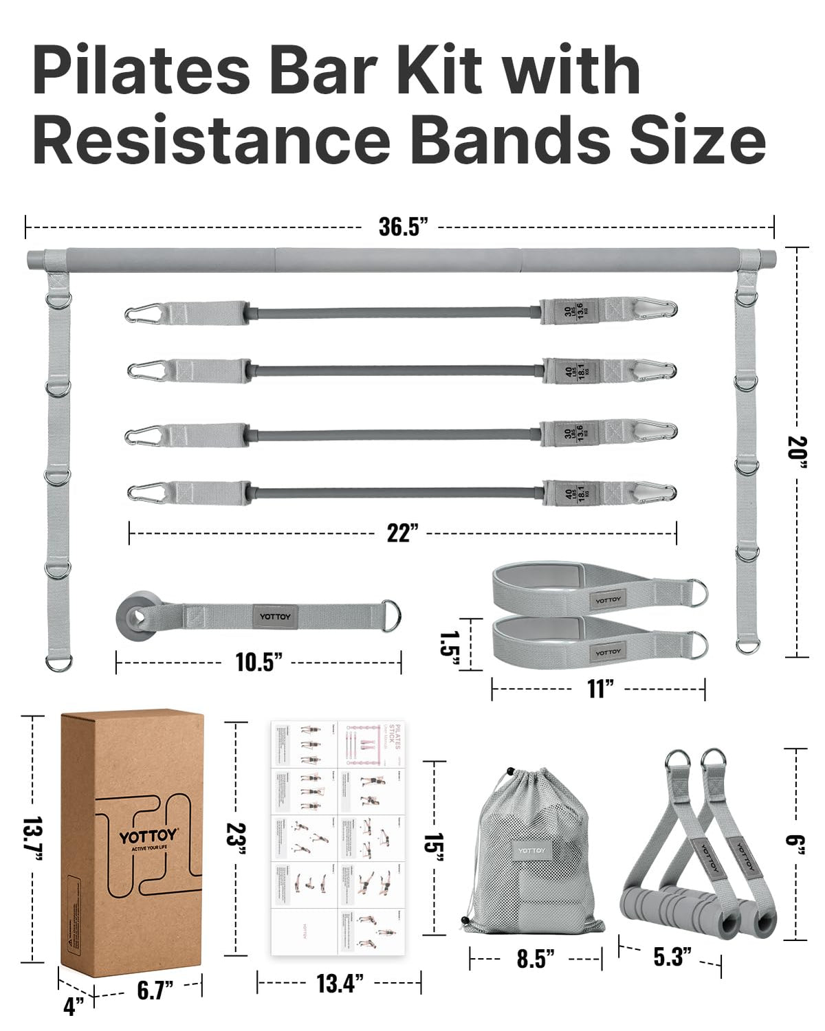 YOTTOY Pilates Bar Kit with Resistance Bands - 3-Bar Pilates Workout Equipment for Legs, Hips, Waist & Arms Workout, Portable Home Gym Exercise Equipment for Women & Men (Gray, 20/30lbs)