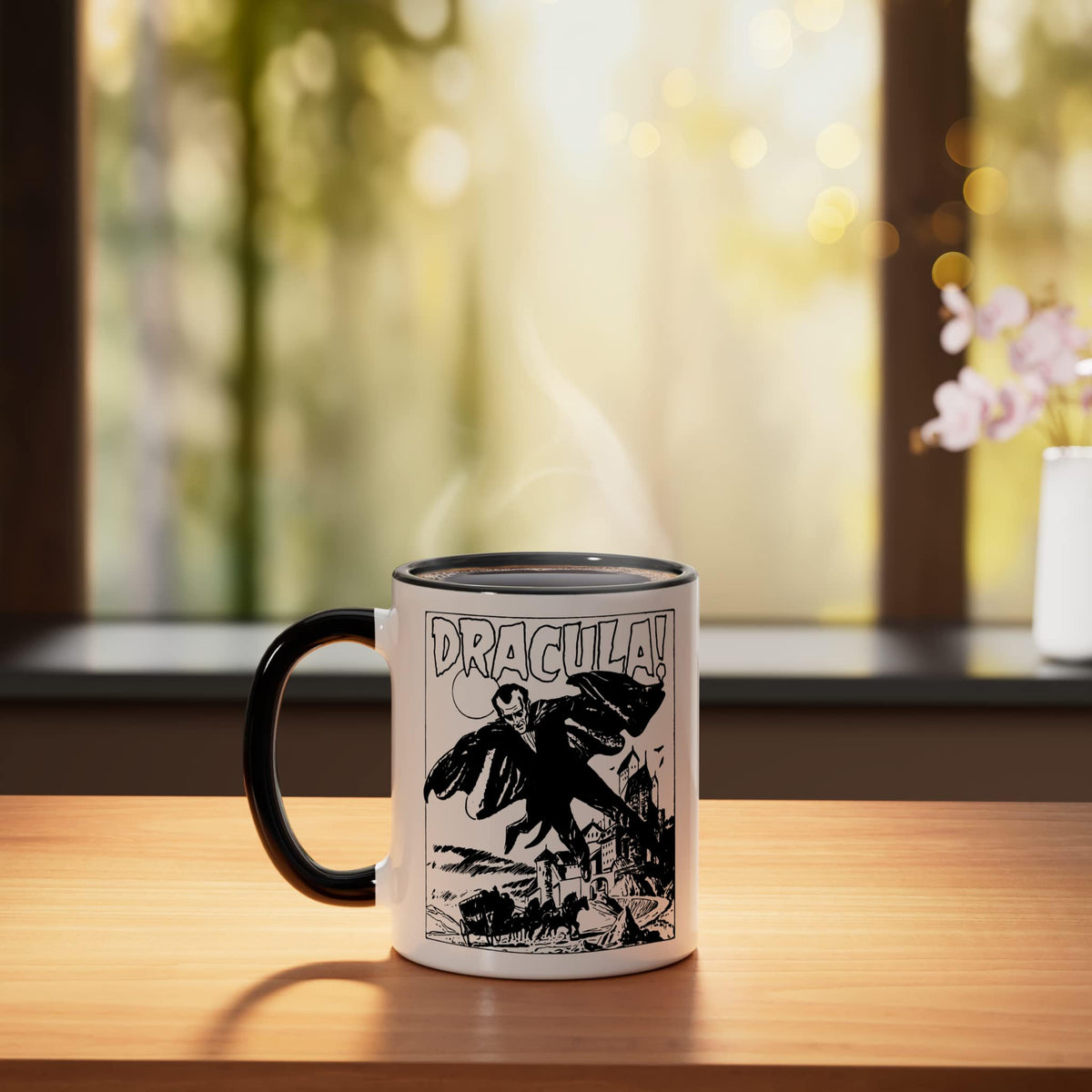 Retro Horror Movie Monster Vampire Vintage Halloween Dracula Ceramic Mug, Black/White