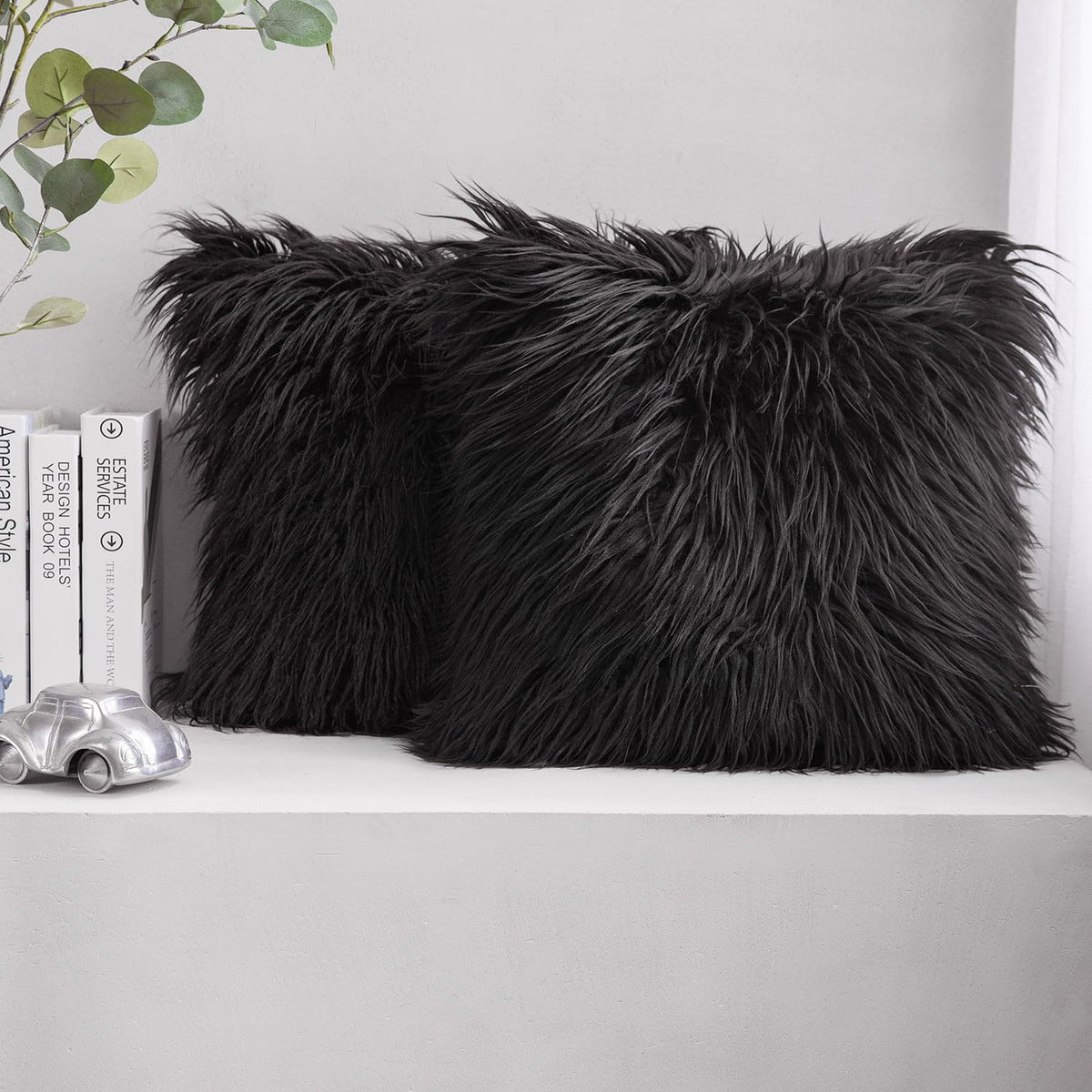 Phantoscope Pack of 2 Faux Fur Solid Throw Decorative Pillow Cover Cushion Covers Luxury Soft Halloween Decorative Pillowcase Fuzzy Pillow Covers for Bed/Couch, Black 18 x 18 Inches