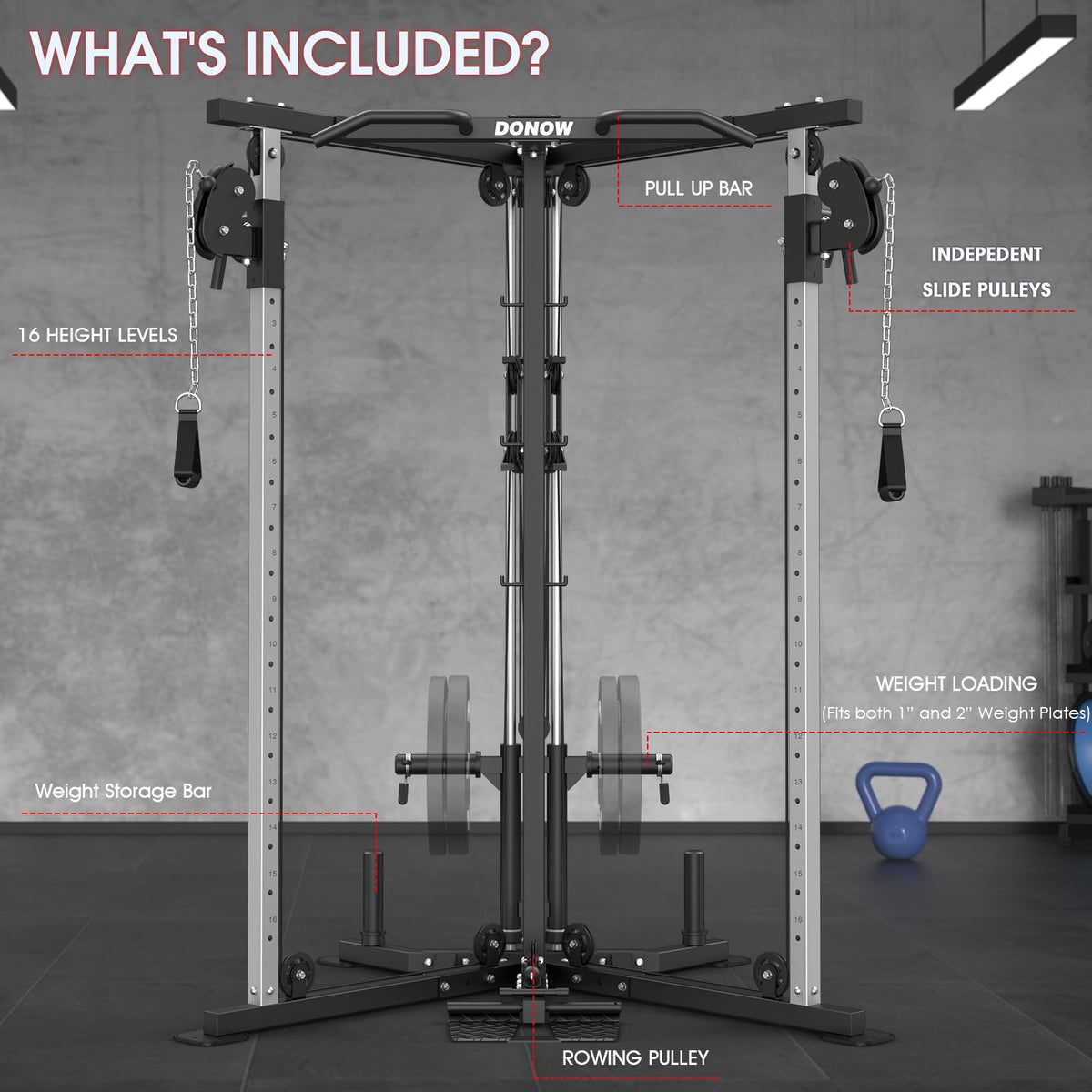 DONOW Cable Crossover Machine, Cable Fly Machine Home Gym System Workout Station with Dual Pulley System Pull-Up Bar Cable Bar and LAT Pull Down System