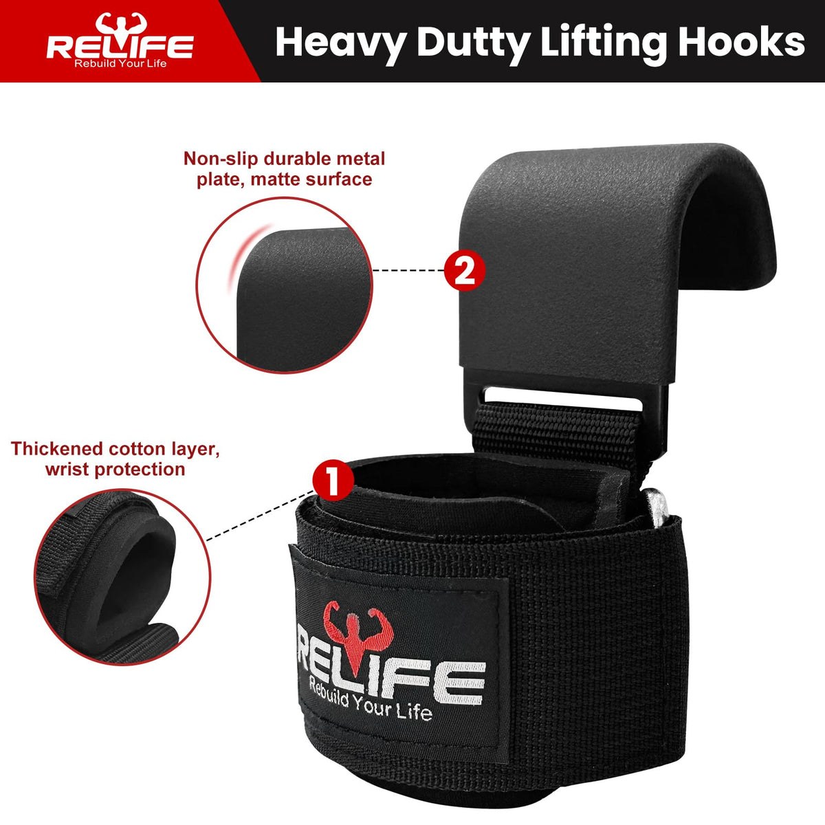 RELIFE REBUILD YOUR LIFE Lifting Hooks for Men and Women(Pair), Pull Up Straps, Gym Reapers Lifting Wrist Grips, Heavy Powerlifting, Lifting Hooks for Weight Lifting Black