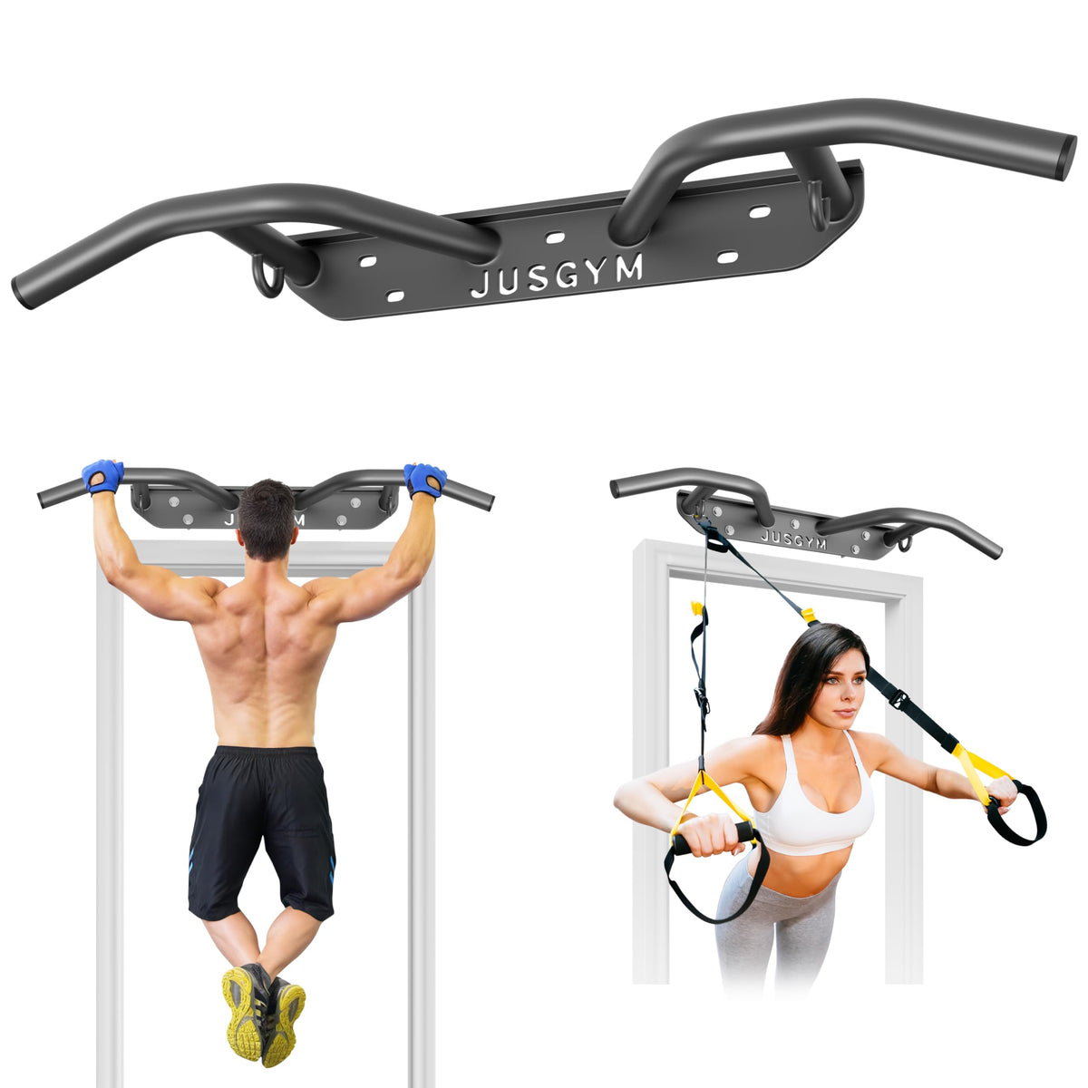 Jusgym Wall Mounted Pull Up Bar - Heavy Duty Chin Up Bar, Pull-Up Bar Support Beam or Joist Mounted, Multifunctional Fitness Bar, 600LBs Capacity