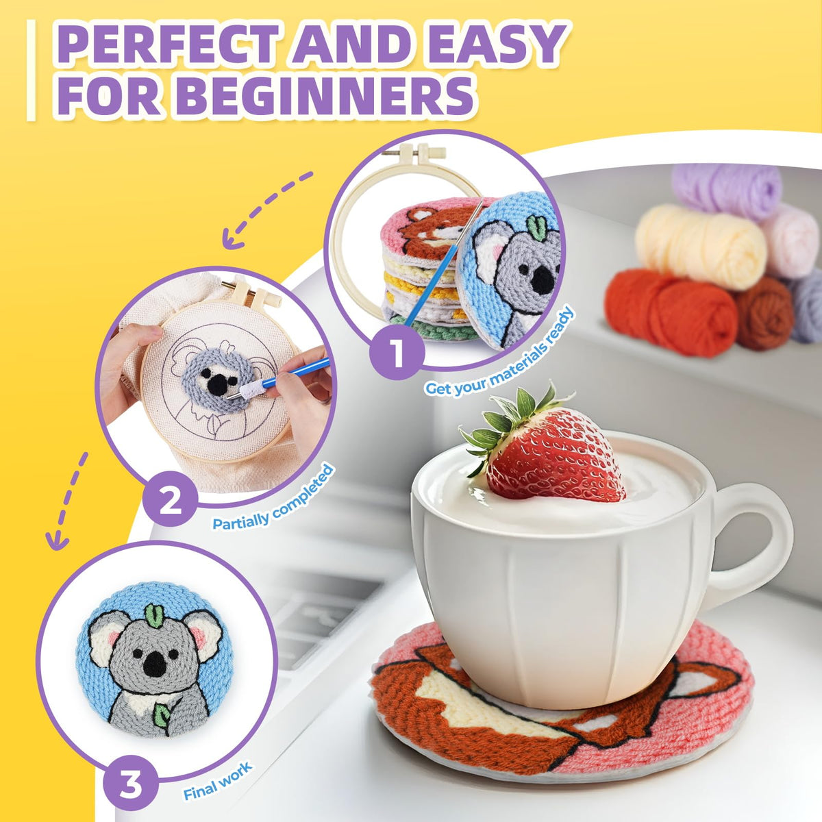punch needle kit-6,embroidery kit for beginners,punch needle kits adults beginner,needles, curved scissors, a tool storage box, yarn, easy-to-follow instructions, and tutorial videos(6 animal coaster)