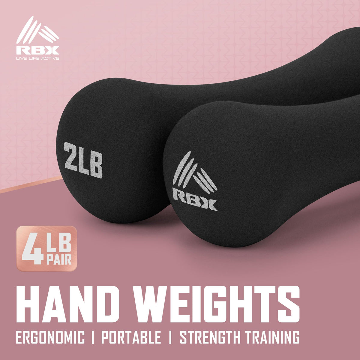RBX Hand Weights, Neoprene Hand Weights for Home Workouts, Cardio & Strength Training, Home Gym Equipment (Black, 4LB (2lb each))