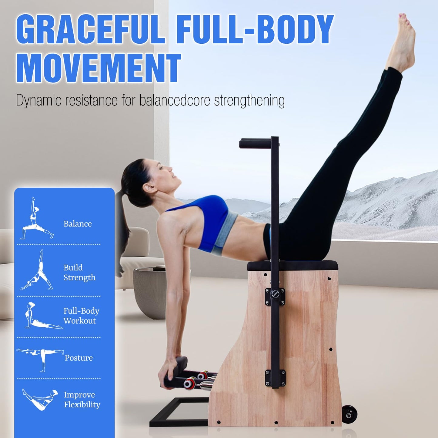 Pilates Chair Wunda Chair Pilates Combo Chair with Handles Split Pedals Reformer Machine 4-Level Resistance for Yoga Core Training Rehabilitation Includes Non-Slip Socks