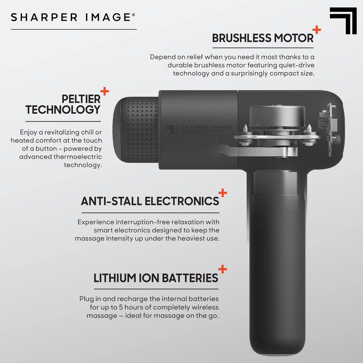 Sharper Image Deep Tissue Percussion Massage Gun, Powerboost Pro+ Hot & Cold Rechargeable Handheld Massager, 6 Adjustable Speeds, 6 Attachment Heads & Carrying Case, Muscle Pain Relief, Black