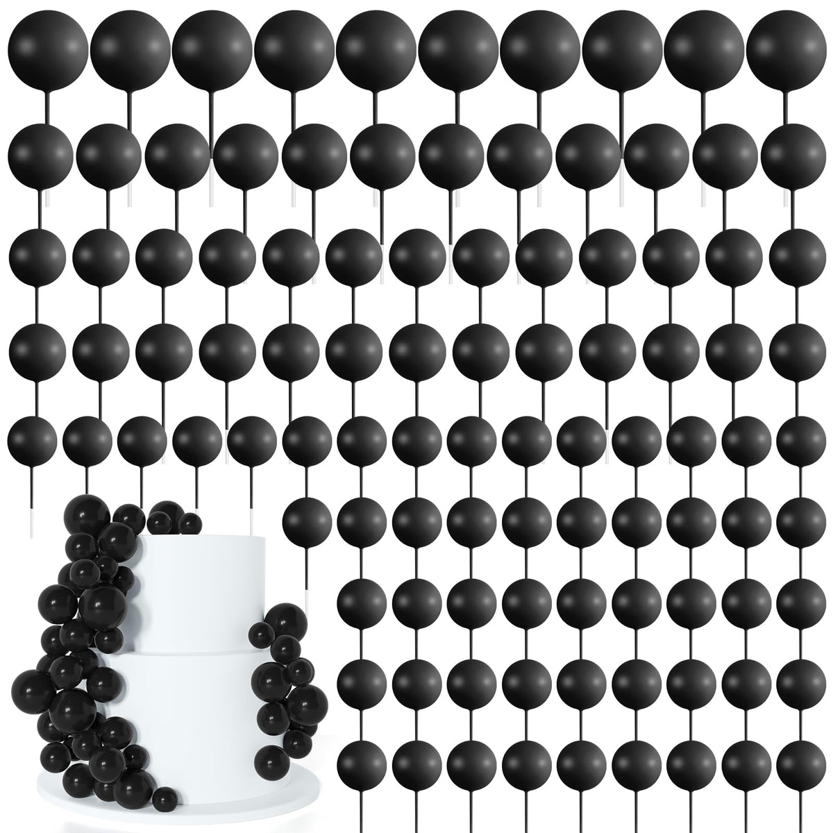 BOUBONI 138 Pcs Black Balls Cake Topper Decorations Balloon Cupcake Toppers Foam Cake Topper Balls Decorations for Halloween Birthday Party Wedding Anniversary