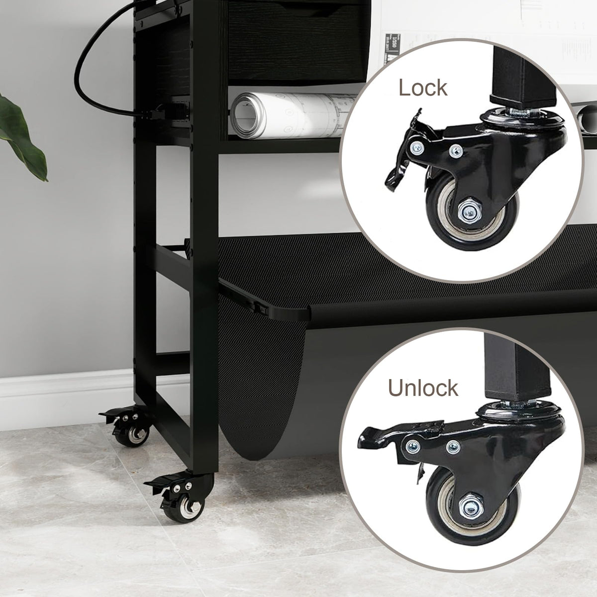 Natwind Wide Format Printer Stand, Plotter Workbench Table with Pull-Out Drafting Storage, Roll Paper Holder, Accessory Drawer, Adjustable Storage Shelf for Plotters and Cutting Machines (Black)