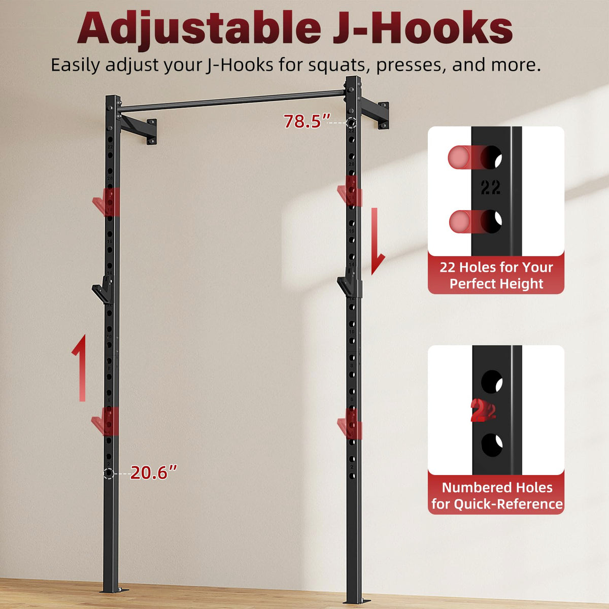 SPORTSOUL Wall Mounted Half Rack, 900lbs Squat Rack with Pull Up Bar for Home Gym, Space-Saving 2"x2" Pull-Up Station with Adjustable J-Hooks for Garage & Apartment (Black)